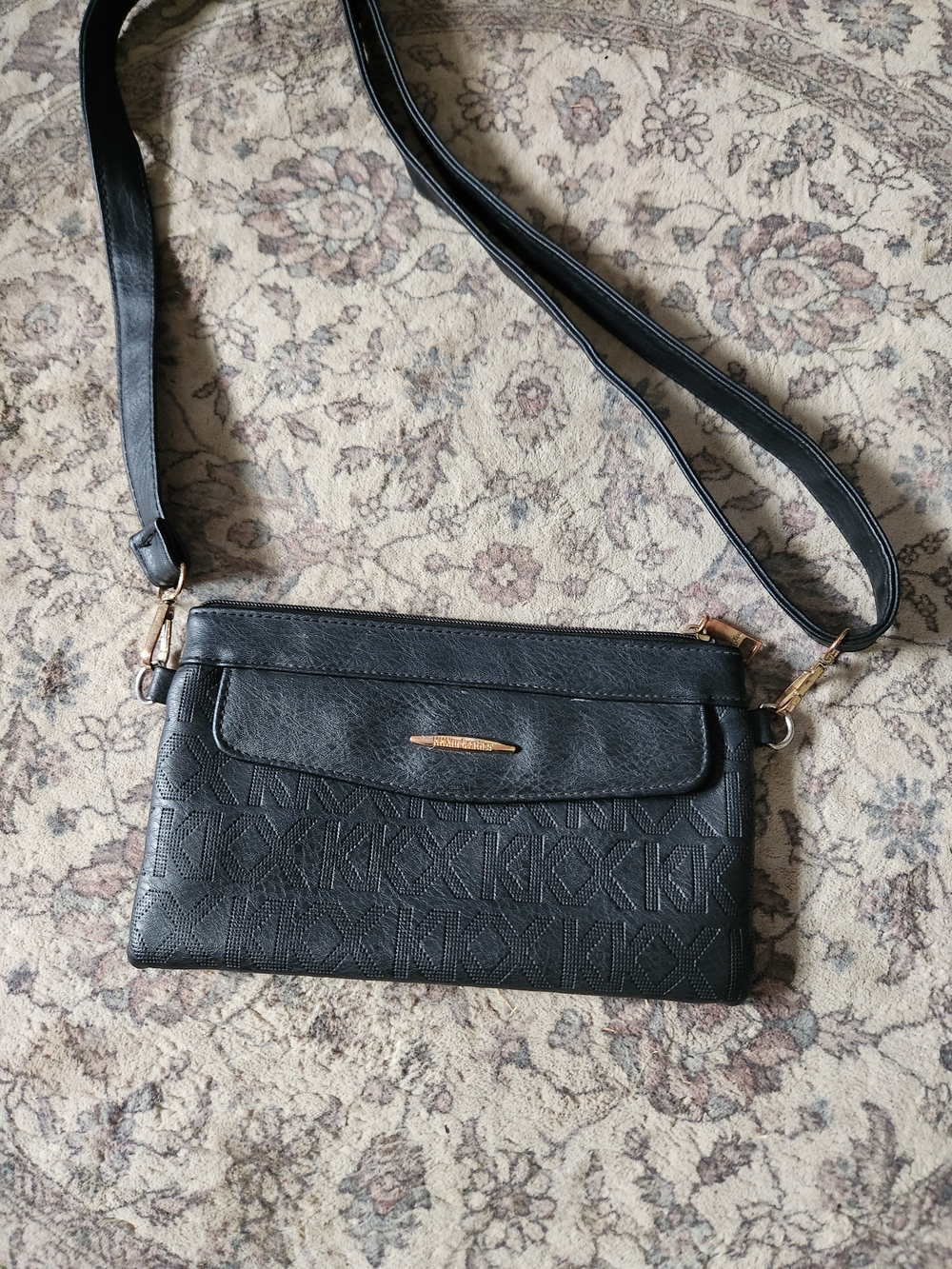 Black Crossbody Shoulder Bag with Textured Monogram and Gold Accent